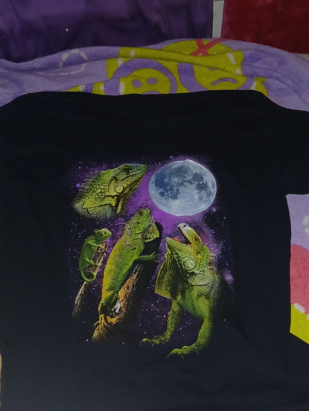 Source Unknown Black Tee with Green Iguana Moon Graphic